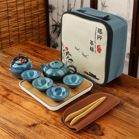 Starry Glaze Ceramic Travel Tea Set - 1 Teapot 4 Cups with Tea Canister, Towel, Tongs, Bamboo Tray & Carrying Bag, Portable Chinese Gongfu Tea Set