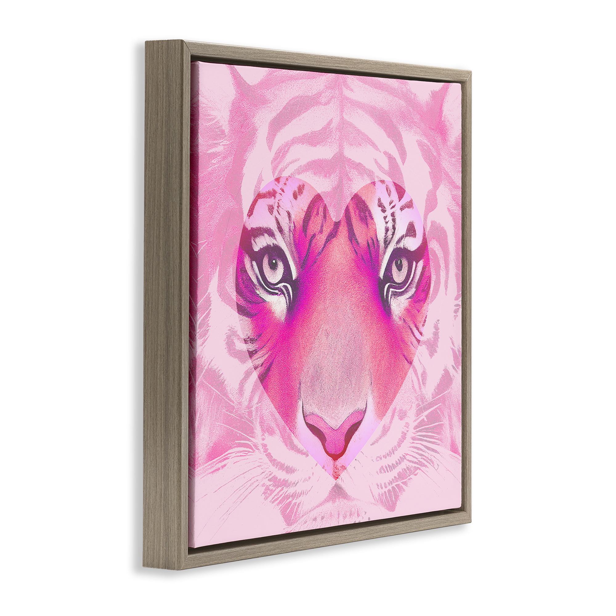 Stupell Industries Pink Heart Tiger Face Animals Painting Brown Floater Framed Canvas Art Print Wall Art, 18 x 18