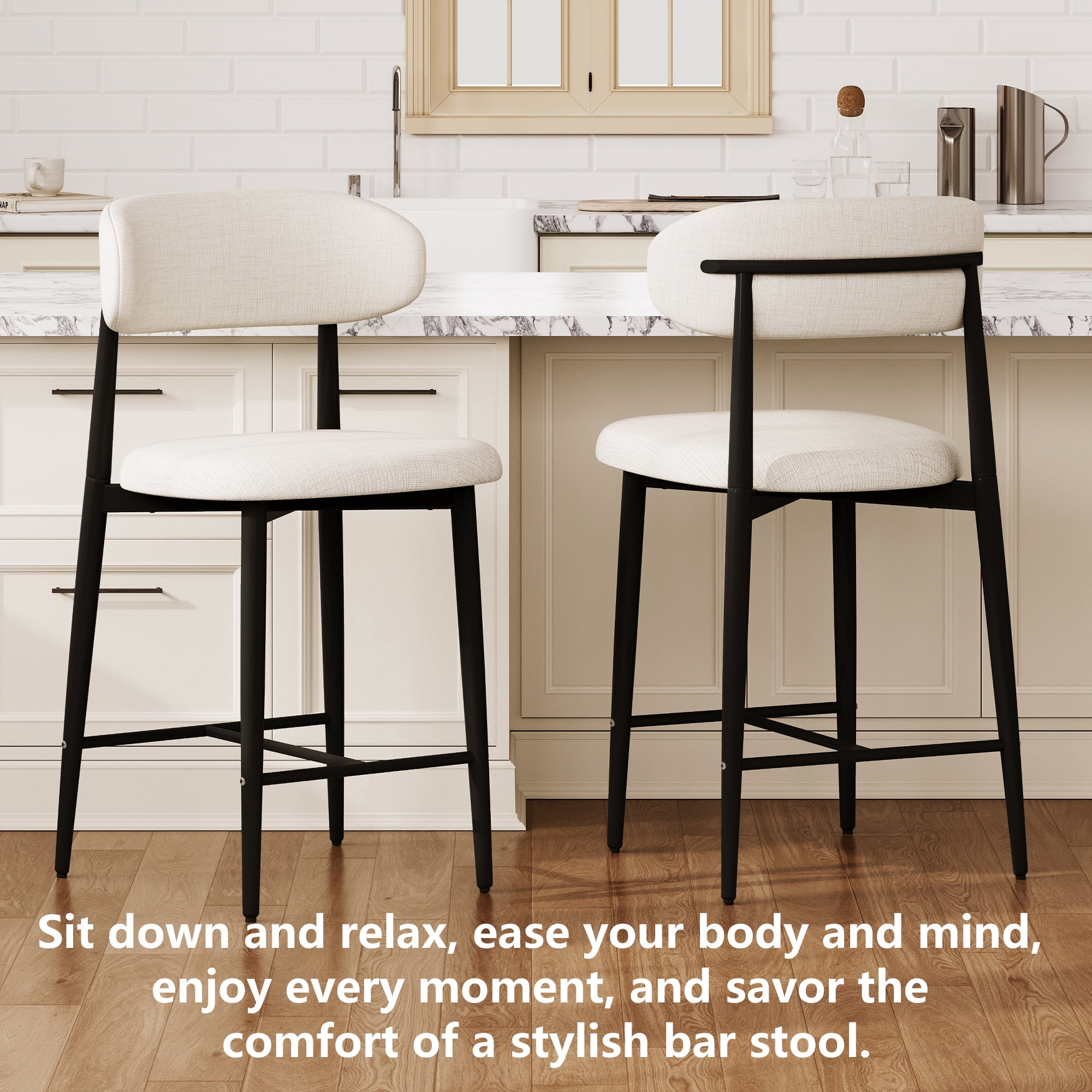 Leumius 26" Counter Height Bar Stools Set of 2,Upholstered Linen Bar Chairs with Metal Legs,Modern Kitchen Island Counter Chairs for Kitchen Island,Dining Room,300LBS,Black