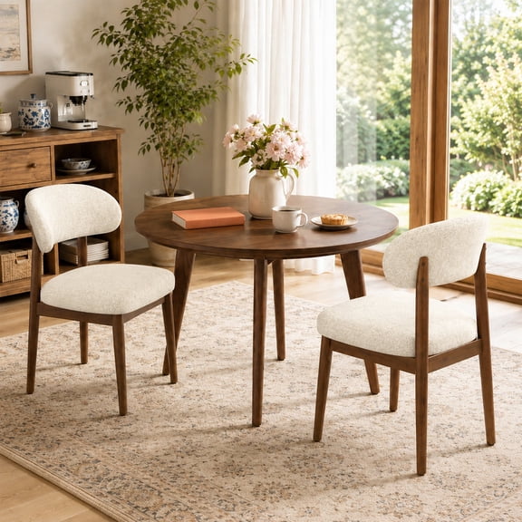 ClinQ Teddy Fleece Dining Chairs Set of 2, Modern Upholstered Kitchen Side Chairs with Curved Back, Solid Wood Legs for Dining Room, Beige