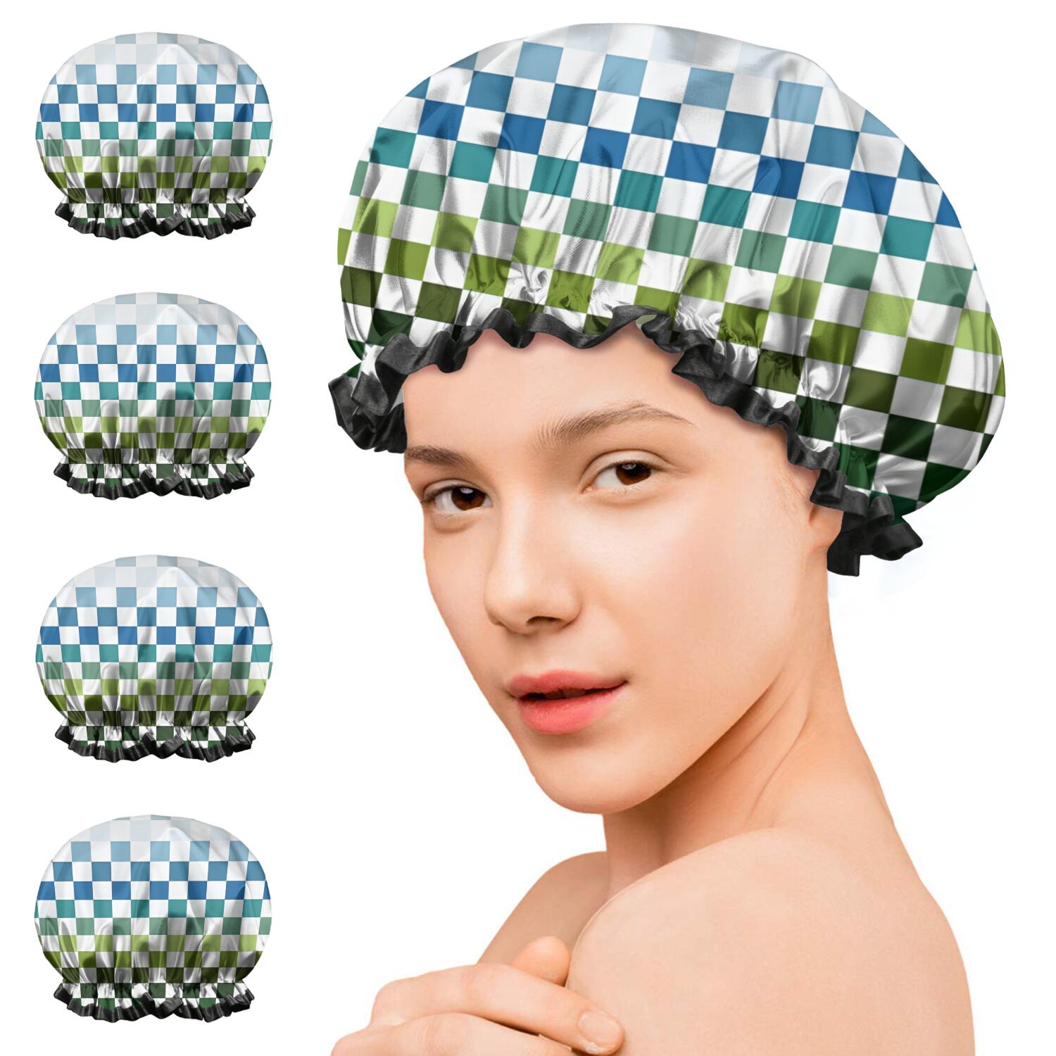 Shower Caps,Colorful Gradient Checkerboard Checkered Pattern Waterproof Shower Cap for Women 4 Pieces,Double Reusable Hair Cover for Shower PEVA Elastic Stretch Hem