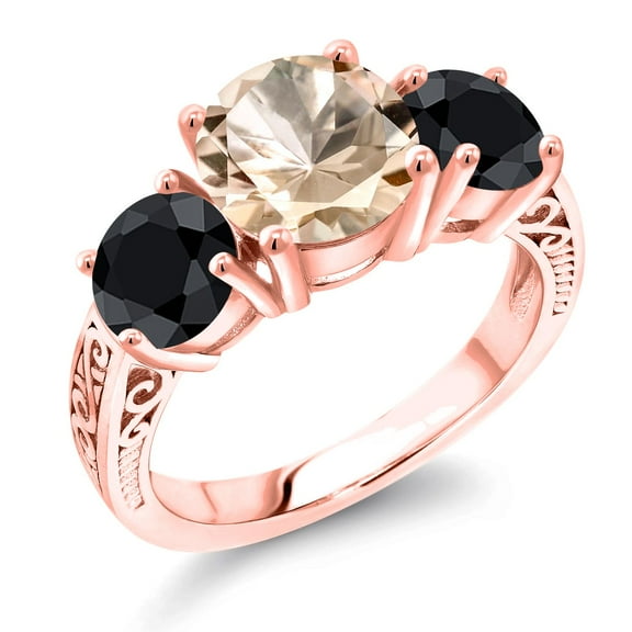 Gem Stone King 18K Rose Gold Plated Silver Peach Morganite and Black Sapphire Engagement Ring for Women | 4.00 Cttw | Round 8MM | Gemstone October Birthstone | Size 7