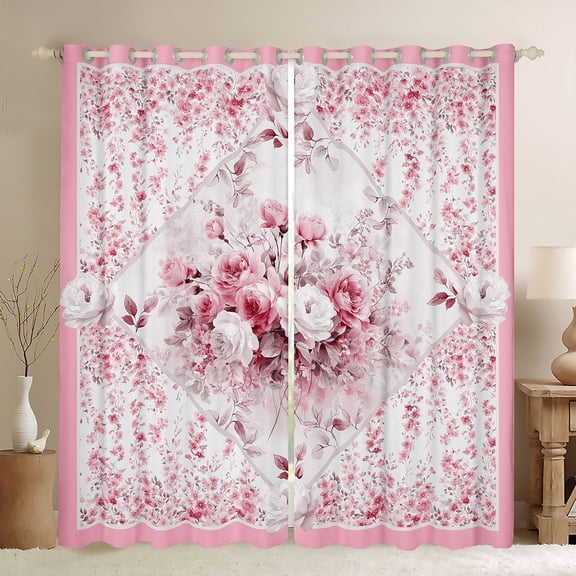 jejeloiu Country Floral Black Out Curtains,Rustic Botanical Curtains Pack of 2 (42x63 Each),White Pink Bedroom Curtains For Girls,Microfiber Bedroom Decor