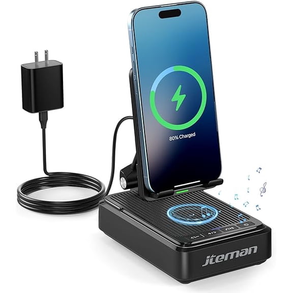 wonima06 Jteman Cell Phone Stand with Bluetooth Speaker and Wireless Charger,Desktop Charging Station Stand Speaker for iPhone,Christmas Birthday Gift for Men Women (Black)