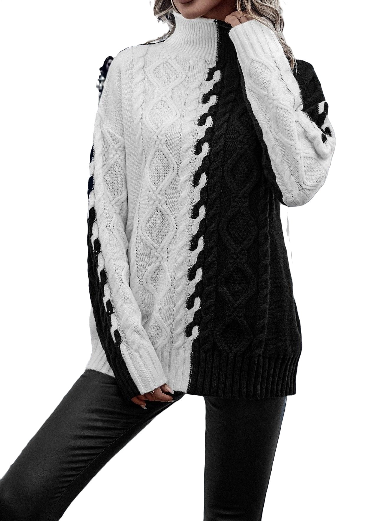 Casual Colorblock High Neck Pullovers Long Sleeve Black and White Women's Sweaters (Women's