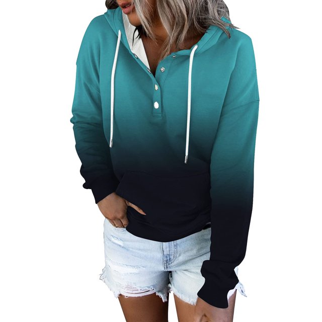 Gibobby Mujeres sudadera con capucha suéter Sudaderas con capucha de bloque de color para mujer, sudadera informal de manga larga con botones y cordón con bolsillo (Azul marino, L)