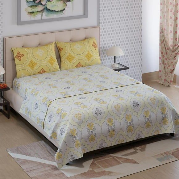 100% Cotton Double Bedsheet With 2 Pillow Covers Size - 87 X 95 Inches, White & Yellow | 125 Thread Count Lightweight & Durable - Gift For Housewarmings, Weddings, Birthdays