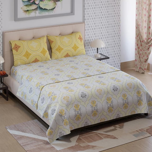 100% Cotton Double Bedsheet With 2 Pillow Covers Size - 87 X 95 Inches, White & Yellow | 125 Thread Count Lightweight & Durable - Gift For Housewarmings, Weddings, Birthdays
