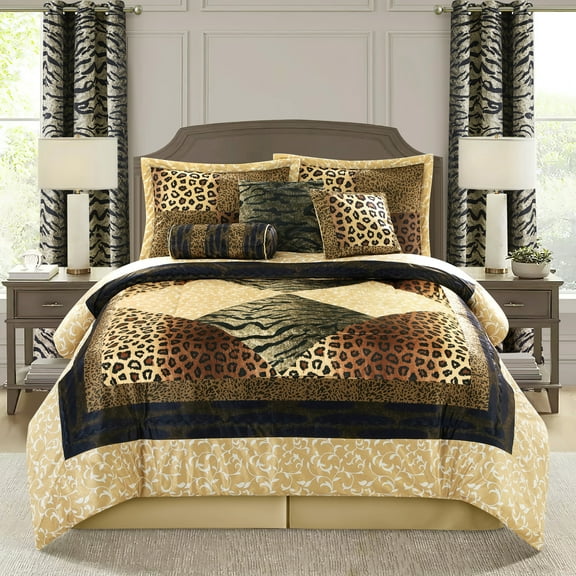 Lanco Brown Gold Leopard Comforter Set King Size, 9 Piece, Short Plush Print Home Decor, Matcking Bed Skirt, Pillows & Shams, Curtains , All Season Bedding Set