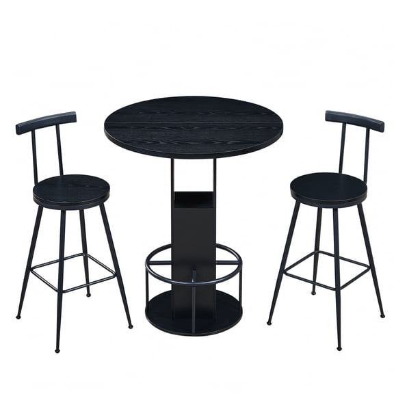 3 Piece Black Bar Table and Stool Set  Round Compact Dining Table with Metal Ring Footrest for Small Spaces