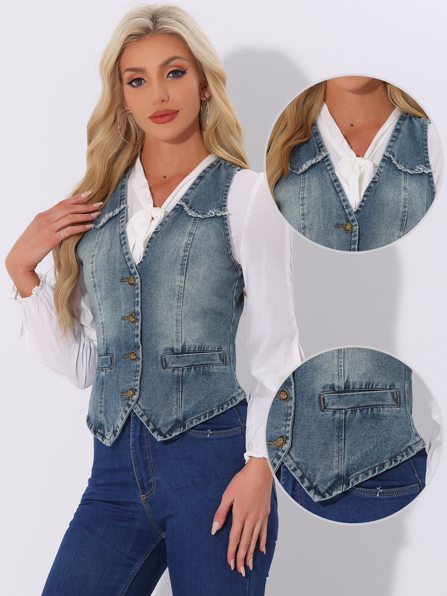 DARING DIVA Women's Denim Vest Washed Distressed Jean Jacket M Gray Blue