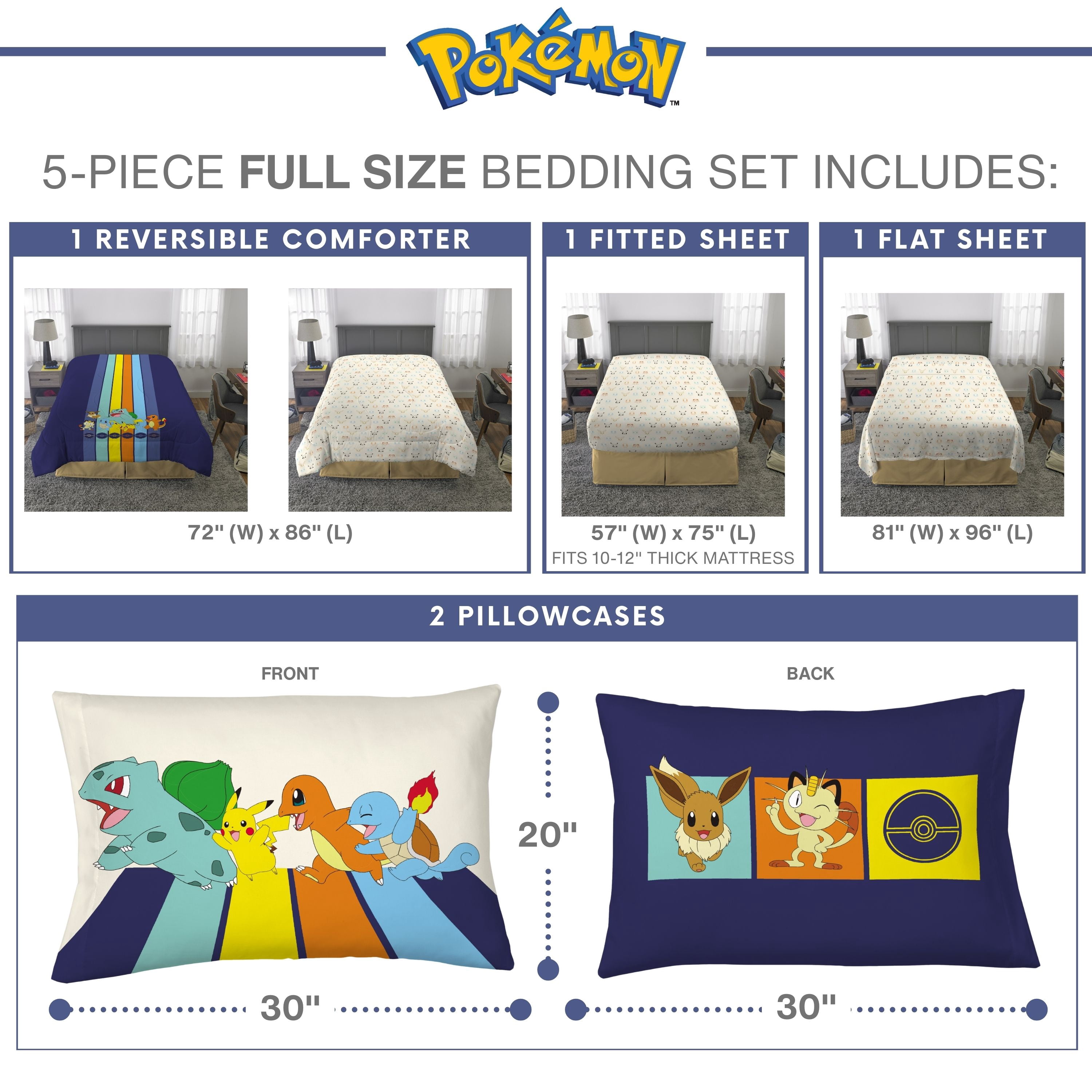 Pokemon Kids 5 Piece Reversible Comforter, Pillowcase, and Sheet Set, Full