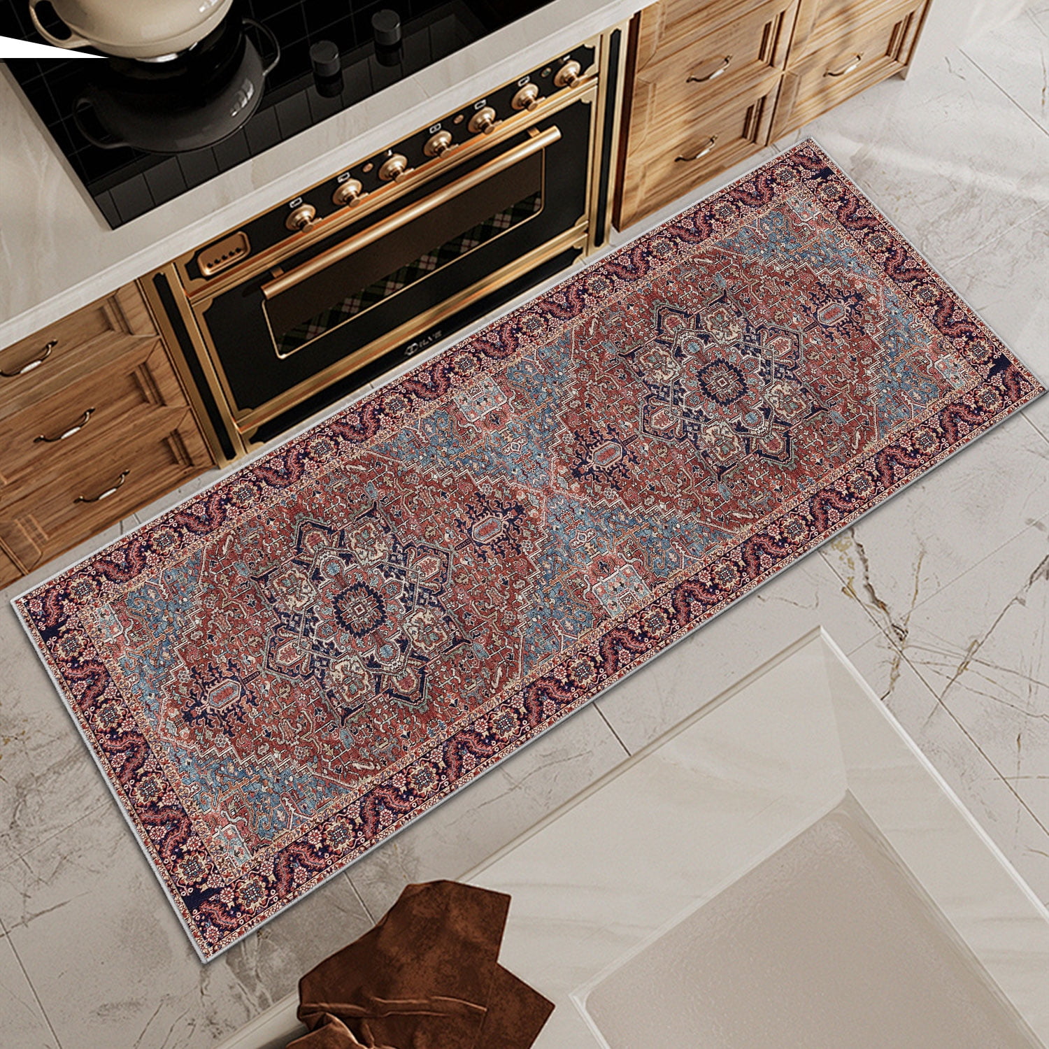 TECHVIDA Kitchen Rugs 3 Piece Set,Non Slip Machine Washable Kitchen Mats,Boho Vintage Abstract Kitchen Carpet for Farmhouse Living Room Hallway