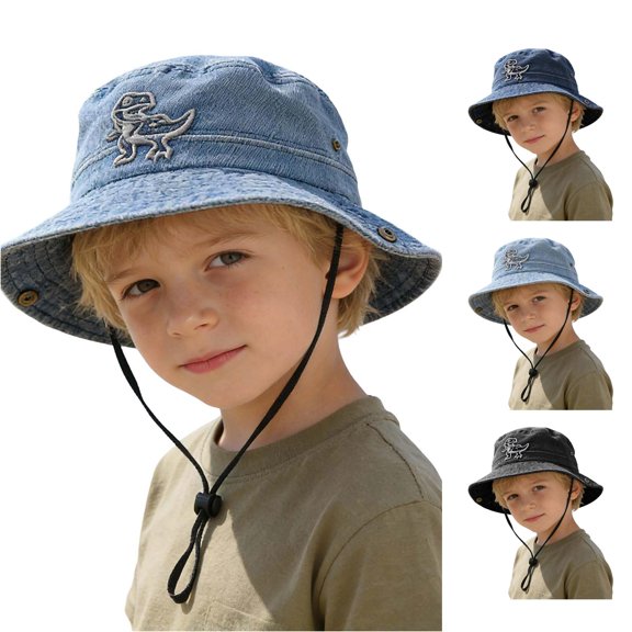 WEIGFI Child Boys Girls Sun Hat Bucket Hat Adjustable Strap Lightweight Cartoon Dinosaur Embroidered Summer Daily Outdoor Fishing Cute Beach Caps,Blue,2-8 Years
