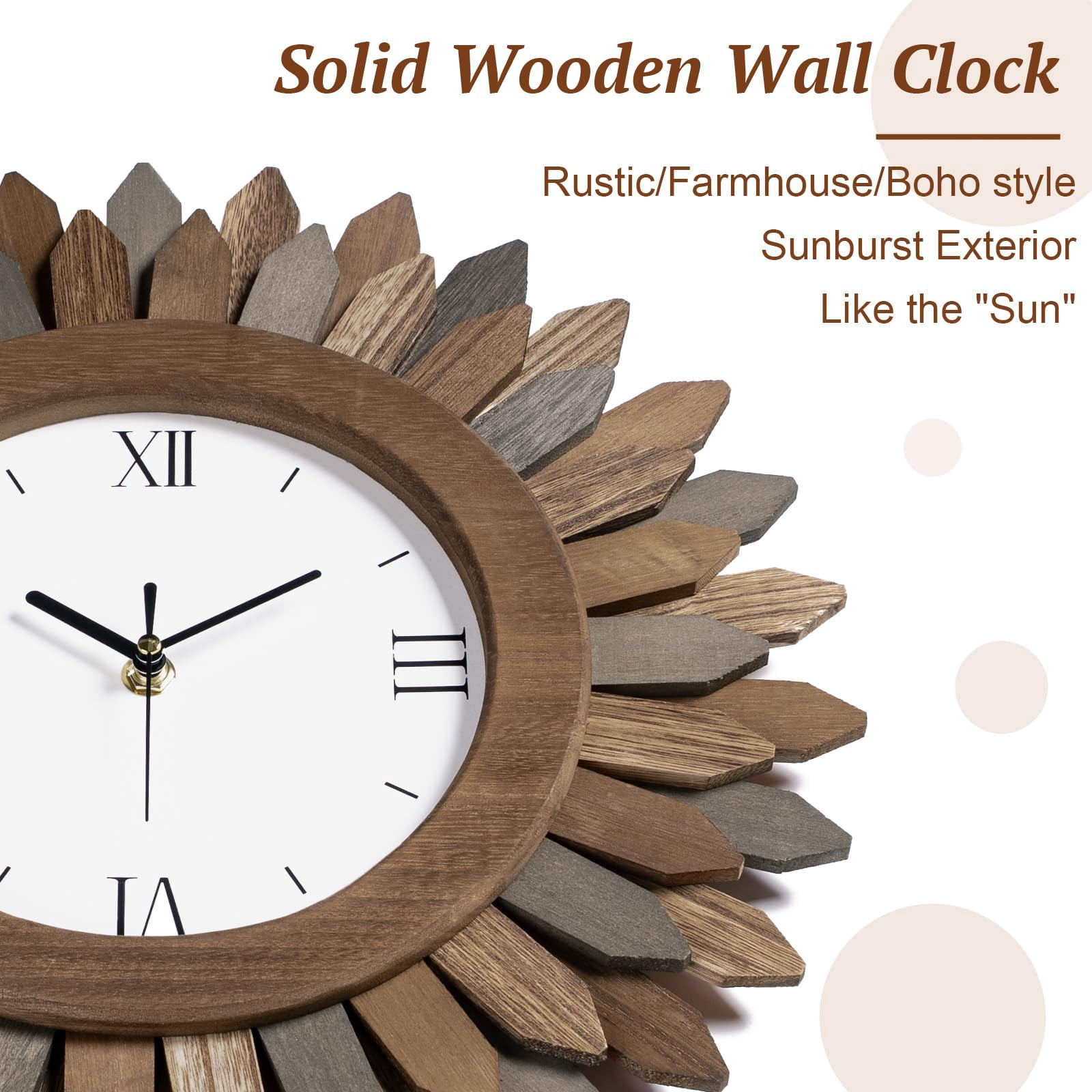 14 In Rustic Wood Boho Sunburst Decorative Wall Clock Silent Non Ticking Farmhouse Small Wall Clocks for Living Room Kitchen Bedroom Decor (Tricolor)