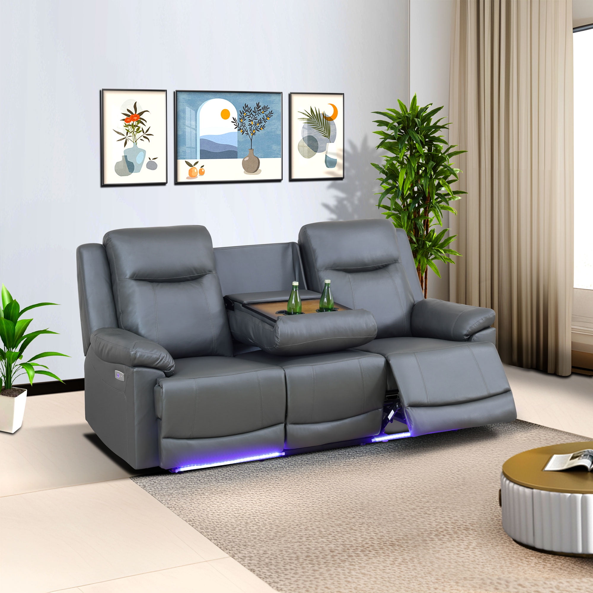 MAYEERTY 3-Seater Recliner Sofa, Breathable Leather Sofa with LED Lights & Reversible Coffee Table for Family Living Room & Home Theater