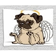 thumbnail image 1 of Pug Tapestry, Pug Puppy Angel with a Hare on Its Head and Beautiful Angel Wings Heaven Religious, Wall Hanging for Bedroom Living Room Dorm Decor, 60W X 40L Inches, Cream Gold, by Ambesonne, 1 of 1