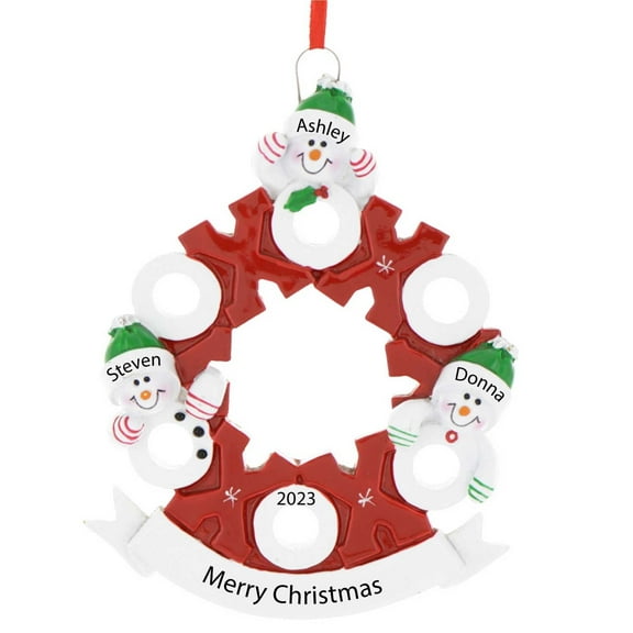 Personalized Family of 3 Snowman Ornament 2024 in Christmas Wreath 1 Count - Ornaments by Elves