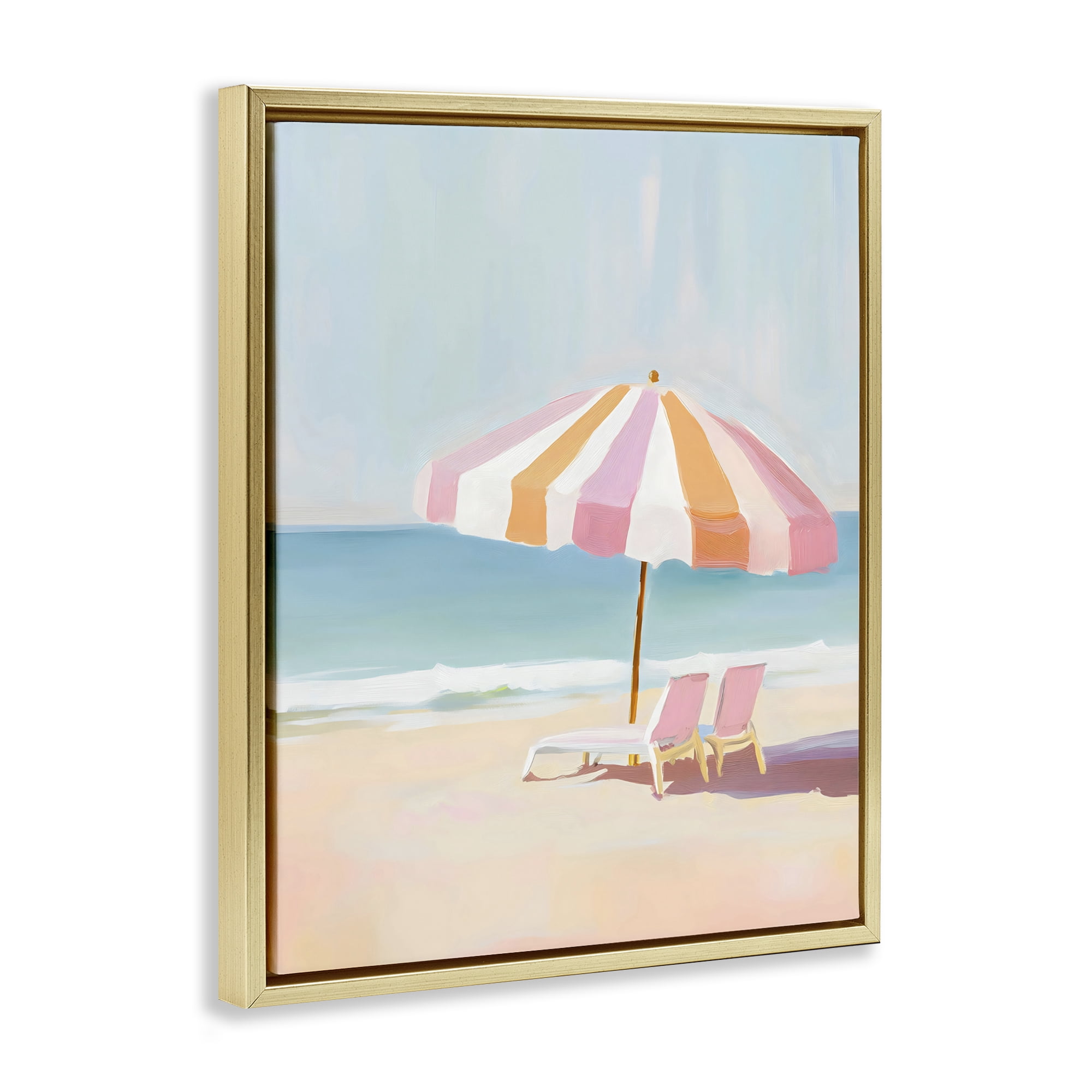 Stupell Industries Striped Umbrella & Chairs Gold Framed Floater Canvas Wall Art, design by The Prints Vibe