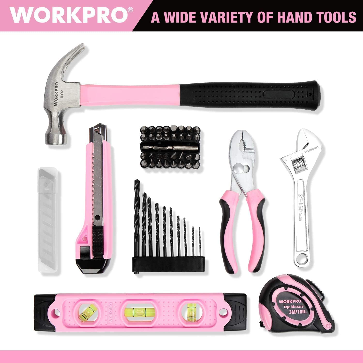 WORKPRO 12V Cordless Drill Driver Kit, Power Tool Kit for Home, 61-Piece Hand Tool Set, 14-inch Storage Bag, 1.5Ah Lithium-ion Battery & Charger included (Pink)
