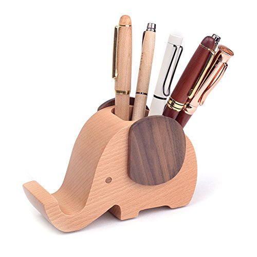 Artinova Elephant Wooden Pen Cup Pencil Holder for Desk Decor Desk Organizer with Cell Phone Stand ARTA-0057