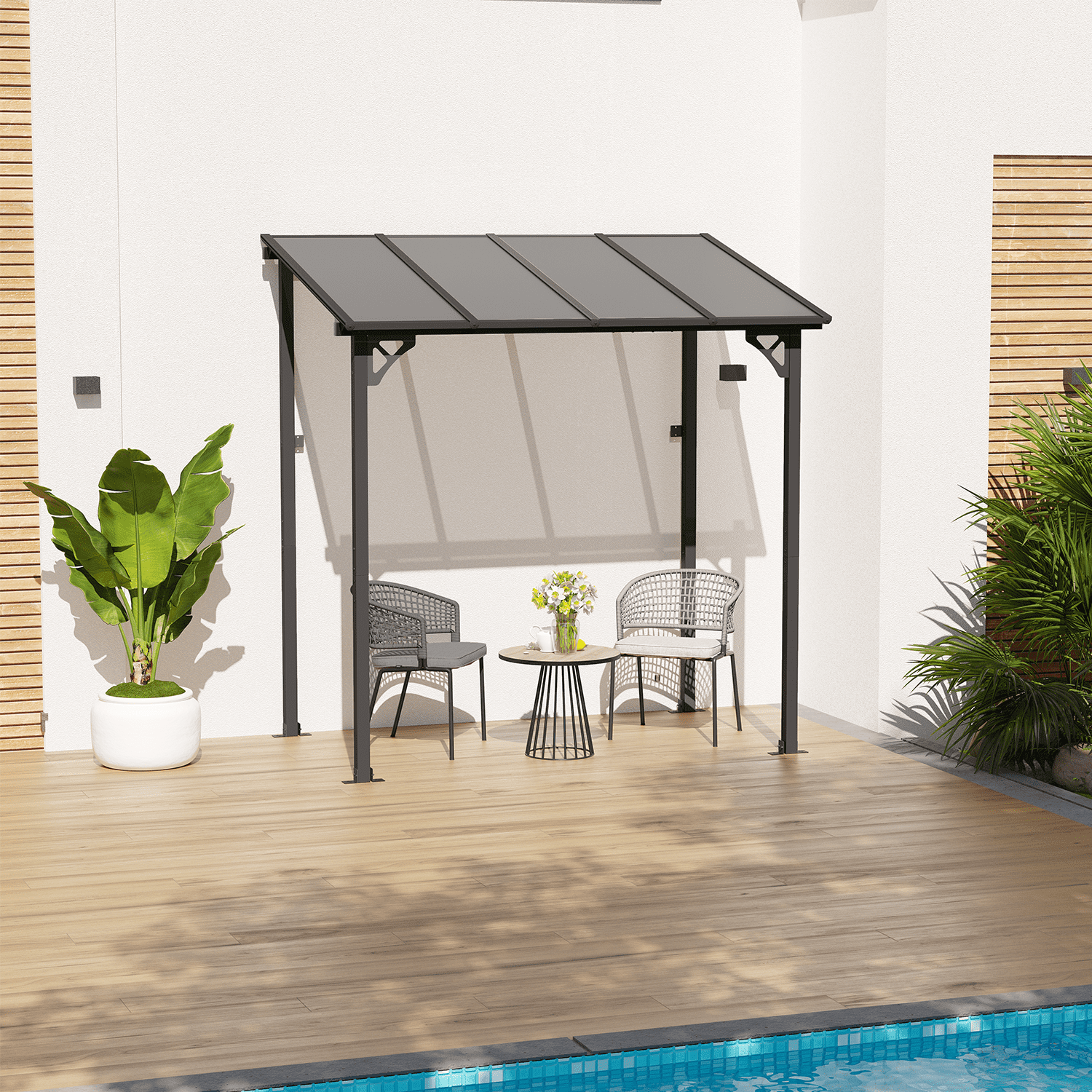BaPiPro Outdoor Hardtop Gazebo for Patio 8' x 5', Wall-Mounted Lean to Gazebo Pergola with Roof