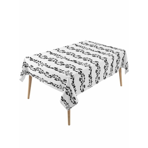 Black Spring Leaves Table Cloth, Waterproof Tablecloth for Rectangle Tables, Pastoral Botanical Striped Flowers Reusable Washable Fabric Table Cover for Restaurant Kitchen Dining Tables 54"x108"