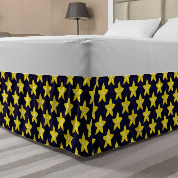 Floral Bed Skirt, Flowers Themed Elements Like Stars and Tropical Carambole Fruit Slices Pattern, Elastic Bedskirt Dust Ruffle Wrap Around for Bedding Decor, 4 Sizes, Indigo Yellow, by Ambesonne