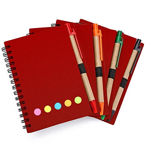TOODOO 4 Packs Spiral Notebook Lined Notepad with Pen in Holder and Sticky Notes Red Cover, Large Page Marker Colored Index Tabs Flags 