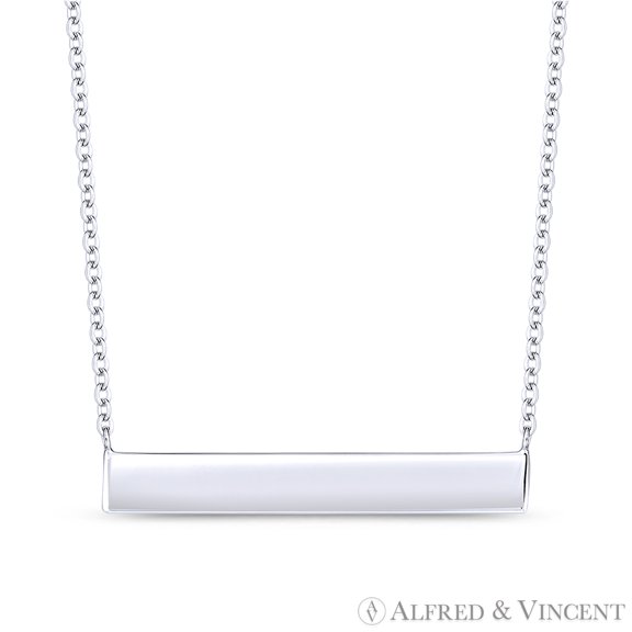 Long-Rectangle Bar ID Pendant & Cable Chain Necklace in .925 Sterling Silver w/ Rhodium