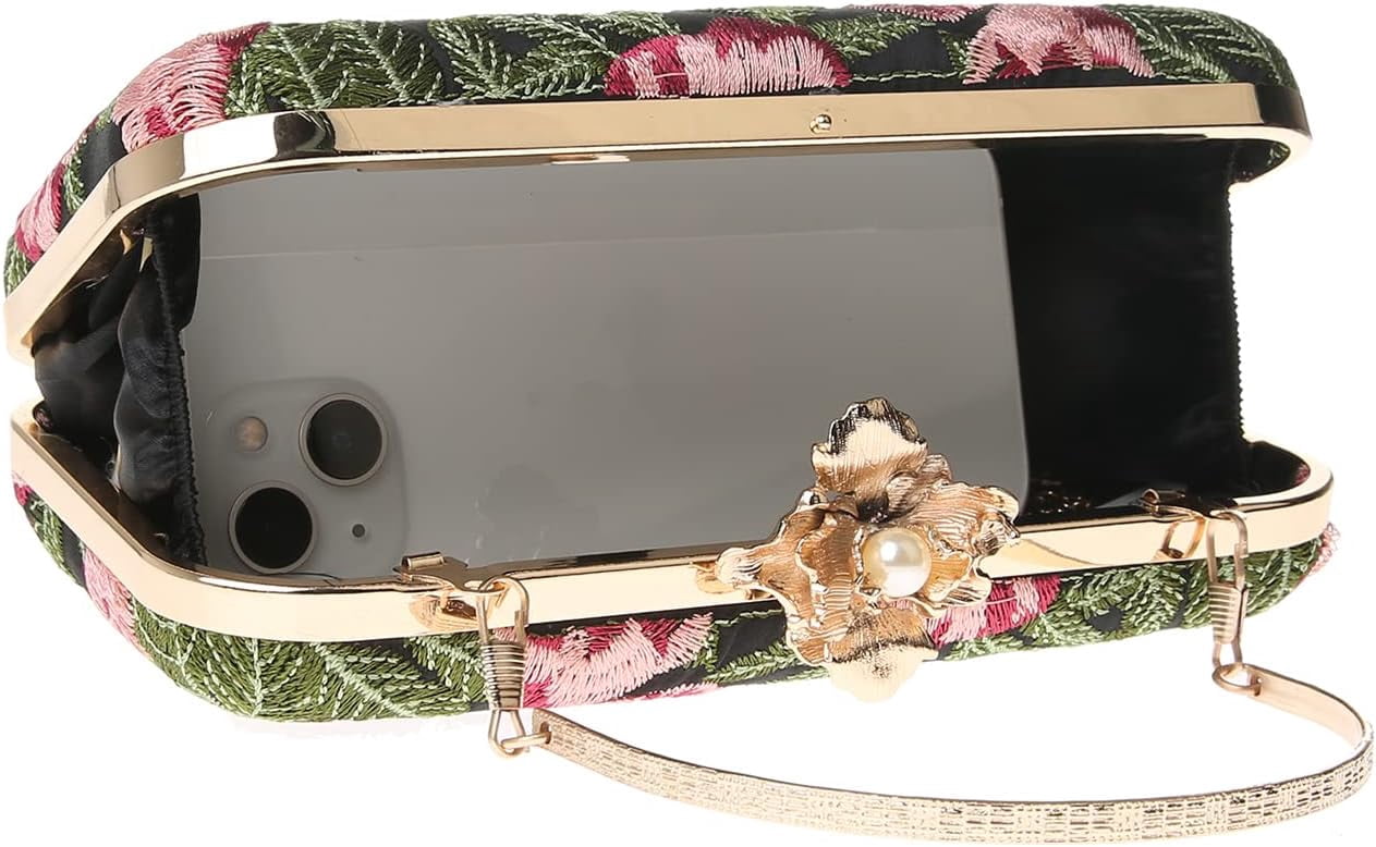 Womens Vintage Floral Embroidery Clutch Evening Handbag Shoulder Bags Purse for Wedding Party Prom