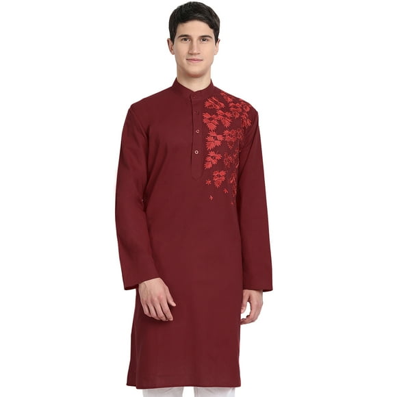 SKAVIJ Men's Indian Cotton Kurta Casual Long Shirt Party Dress X-Large Red
