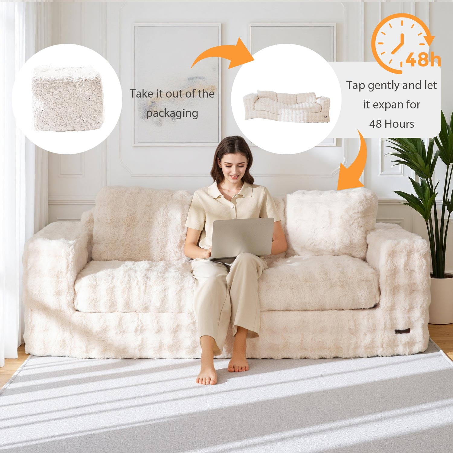 GOODONE 3 Seater Couch,Giant Bubbled Boneless Sofa Couch,Modern Comfy Floor Sofa with Armrests for Living Room and Apartments,No Assembly Required,Beige