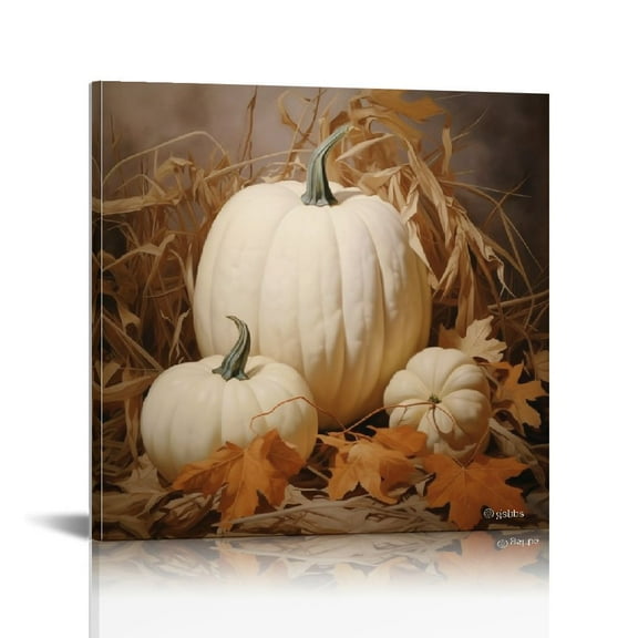JRXY Farmhouse Fall Canvas Wall Art Pumpkin Still Life Painting Pictures Rustic Farm Pumpkin Fall Leaves Posters Halloween Thanksgiving Autumn Wall Print Decor 12x12 in