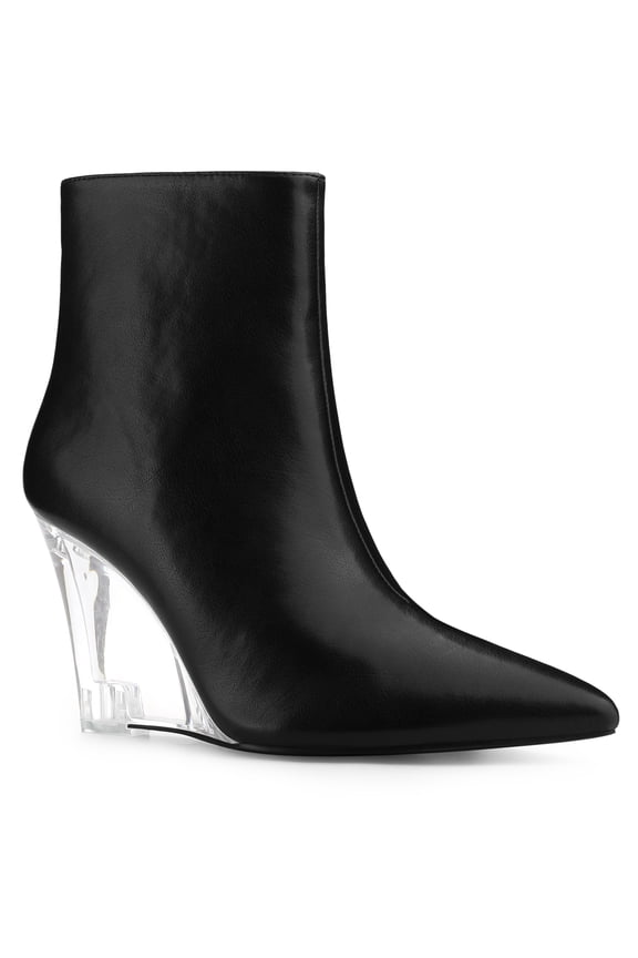 Women's Ankle Boots Clear Heel Pointed Toe Wedge Heels Faux Leather Booties Black 11