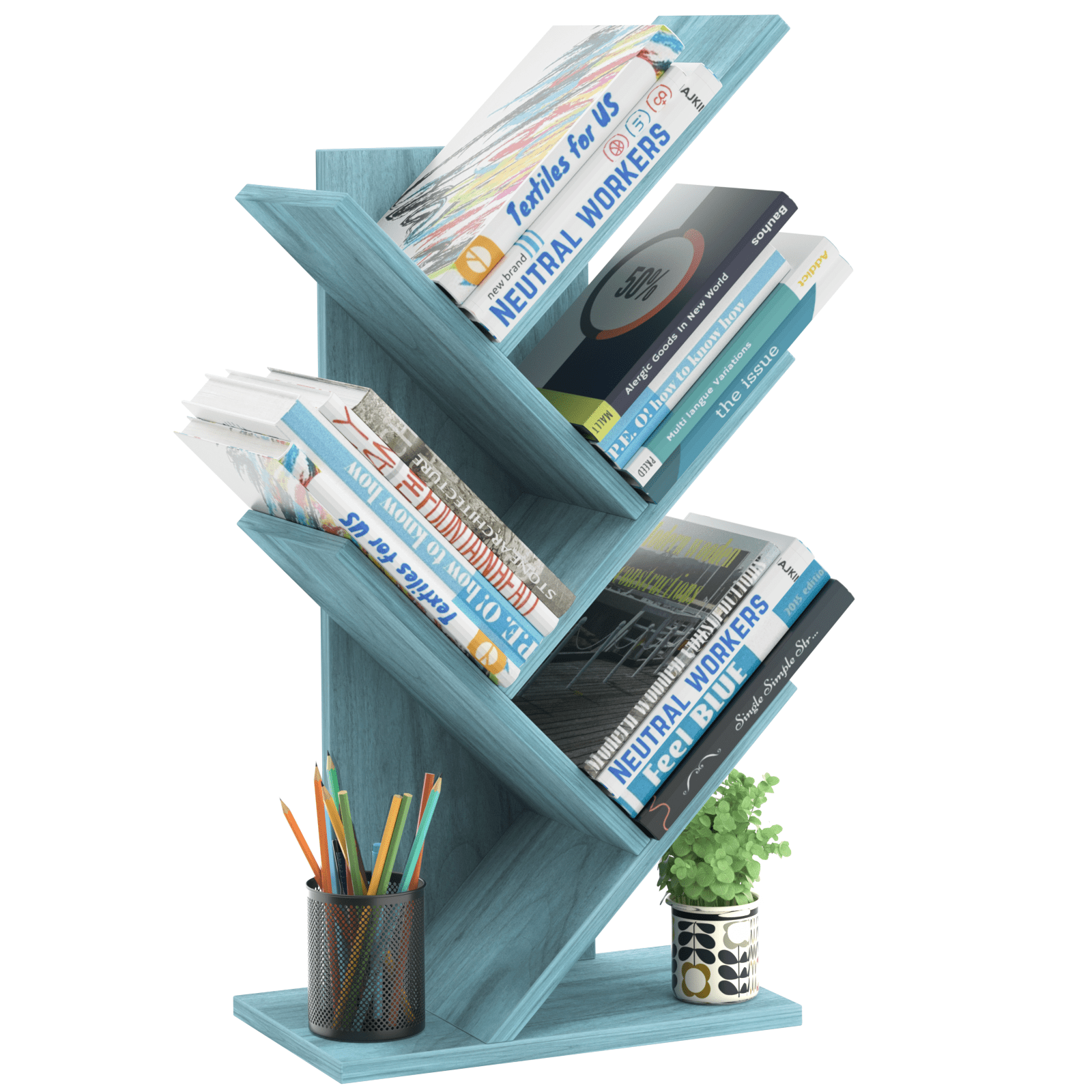 LELELINKY 5 Tier Tree Book Shelf, Small Desktop Bookshelf with Storage Organizer, Floor Standing Organizer Bookcases for CDs, Magazine, Books - Blue