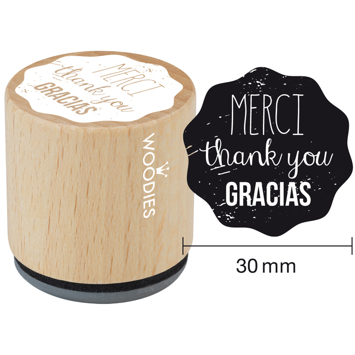 Woodies Mounted Rubber Stamp 1.35"Merci Thank You Gracias