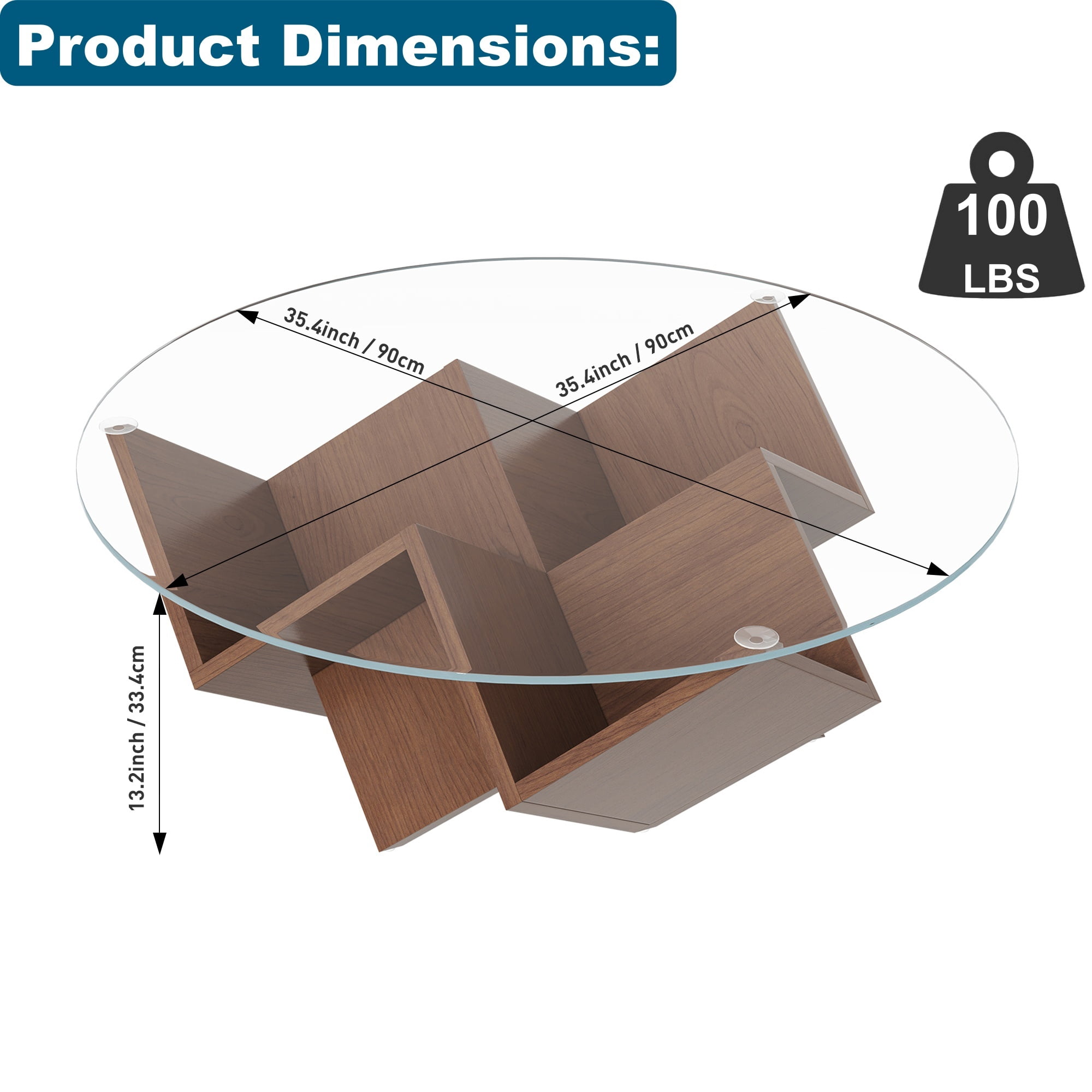 35.4" Round Coffee Table with Tempered Glass Top, Geometric Design Accent End Table with Abstract Art Deco Storage Shelves Base