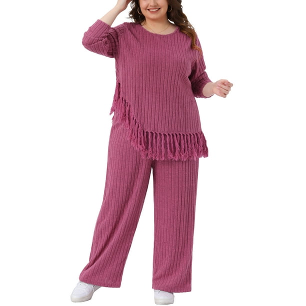Conjuntos de 2 piezas para mujer de tallas grandes Agnes Orinda, blusa de manga larga y pantalones de pierna ancha 3X color rojo rosa