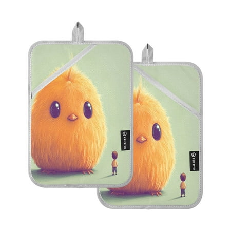 

Oversized Yellow Duck and Children Set of 2 Heat-Resistant Quilted Pads Silver Polyester 7 x 9.8