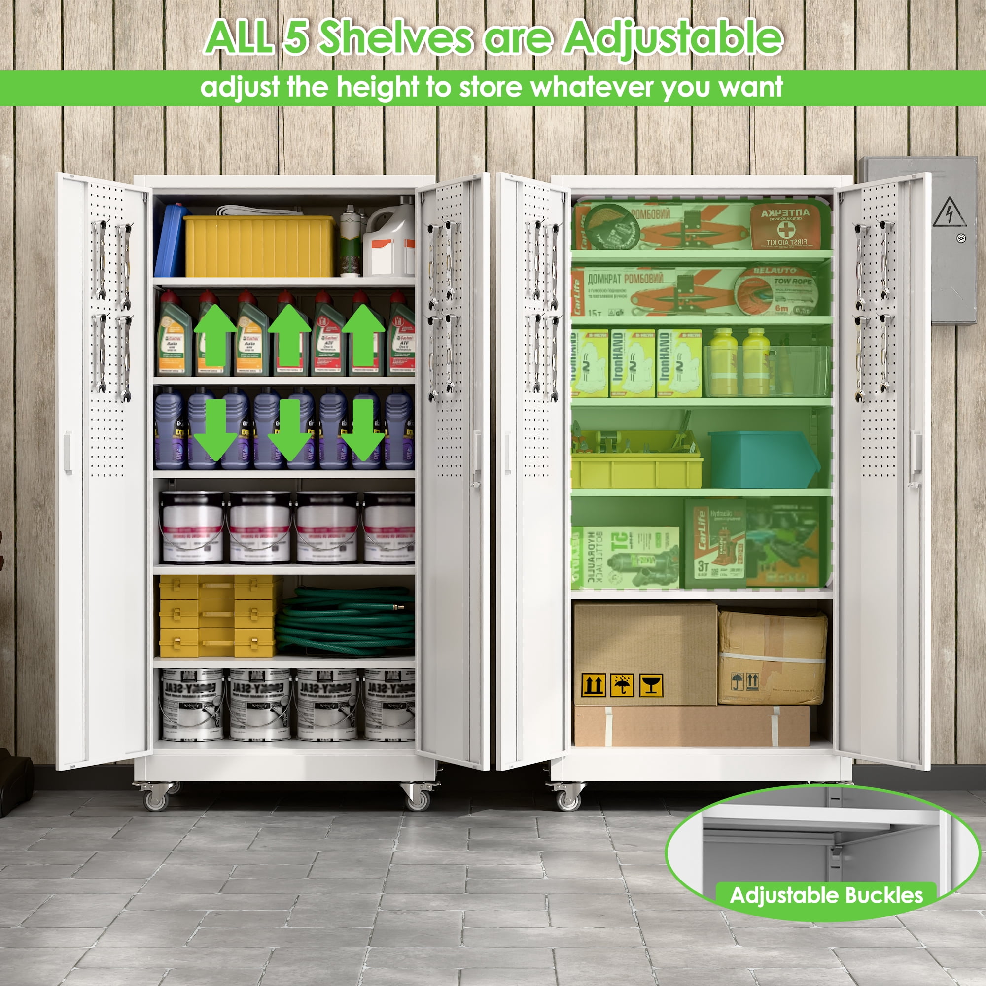 Aobabo Metal Storage Cabinet with Wheels & Pegboards,Office Storage Cabinet with Lock & Shelves,71H''*32''W*16''D Steel Garage Cabinet for Office Home,White Required-Assembly