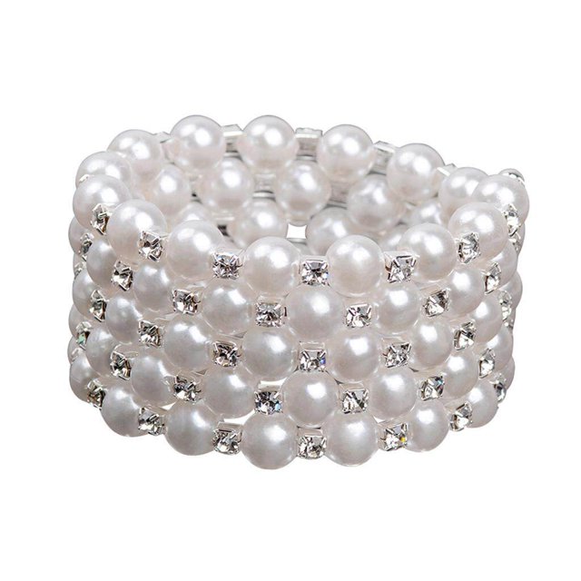 facefd Women Chic Pearl Rhinestone Stretch Bracelet for Bridal Wedding Prom 5 Row