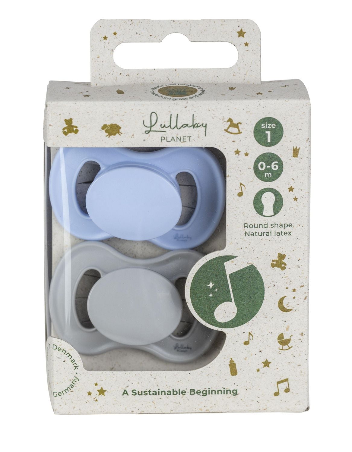 Lot de 2 sucettes Lullaby Planet | Adorable design rond en latex | Design fonctionnel à la mode et confortable | Bleu glacier et gris brumeux | 0-6 mois