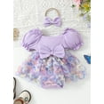 thumbnail image 2 of Bslissey Baby Girls Romper Dress Frill Trim Short Puff Sleeve Flower Mesh Print Bodysuit with Headband Infant Toddler Cute A-line Dress Princess Clothes 0-24 Months, 2 of 9