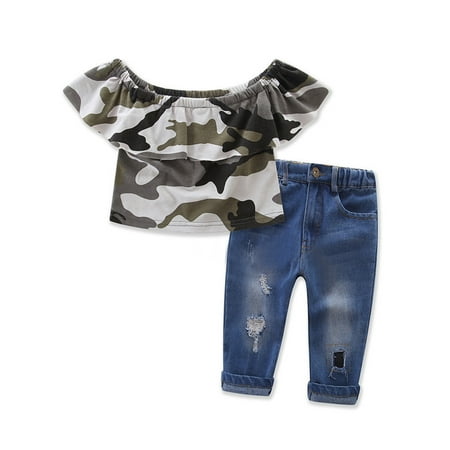 StylesILove Little Girl Camouflage Off Shoulder Top and Jeans 2 pcs Outfit Set (7)