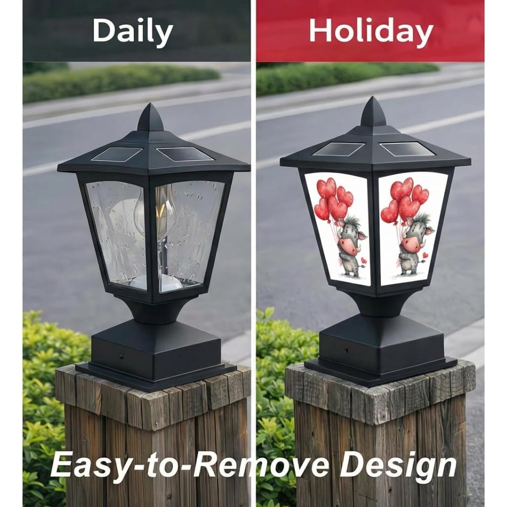 Solar Post Cap Light Outdoor, Fits 4x4 5x5 6x6 Wood Posts, Waterproof LED Fence Post Light for Deck Patio Garden Yard Decoration, Removable Design Panel (Black, 1 Pack) (Heart2)