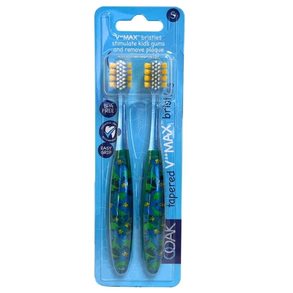 2 Pack Kids Soft Bristle Toothbrush Set with Dinosaur Design Easy Grip Handle Gentle Gum Care and Daily Oral Hygiene Support, Green and Blue