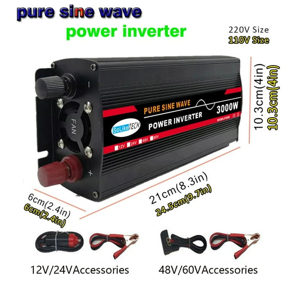3000W Pure Sine Wave Power Inverter 12V/24V DC to 220V AC Converter Portable Aluminum Solar Inverter for Home Appliances RV Camping Outdoor Use with LED Indicator, (Type1 12V to 220V)