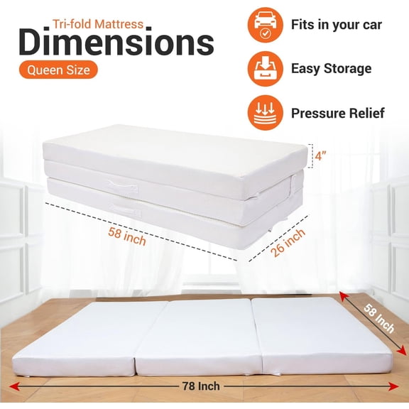 4" Folding Mattress, Tri-Fold Floor Mat for Compact Storage with Soft Bamboo Washable Cover- Foldable Sleeping Pad and Floor Mattress, Queen Size