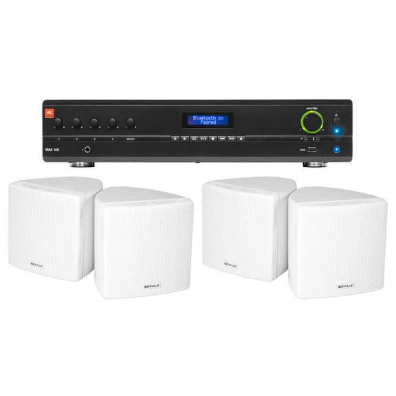 JBL Commercial Amplifier (4) 3.5" White Cube Speakers for Restaurant/Bar/Cafe